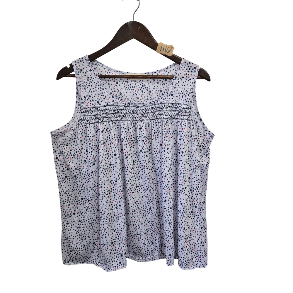 Faded Glory Womens XL Blue Red Star Print Smocked Sleeveless Tank Top Patriotic